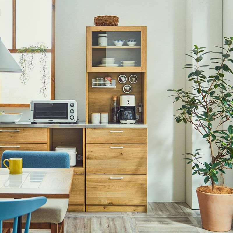 幅140.4cm 食器棚 日本製 木目調 ガラス扉 ステンレス天板 コンセント