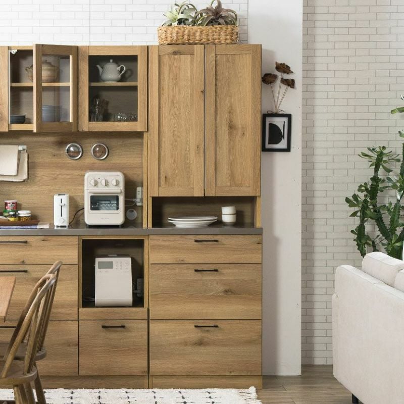 幅60cm 食器棚 日本製 木目調 扉付き ステンレス天板 コンセント付き