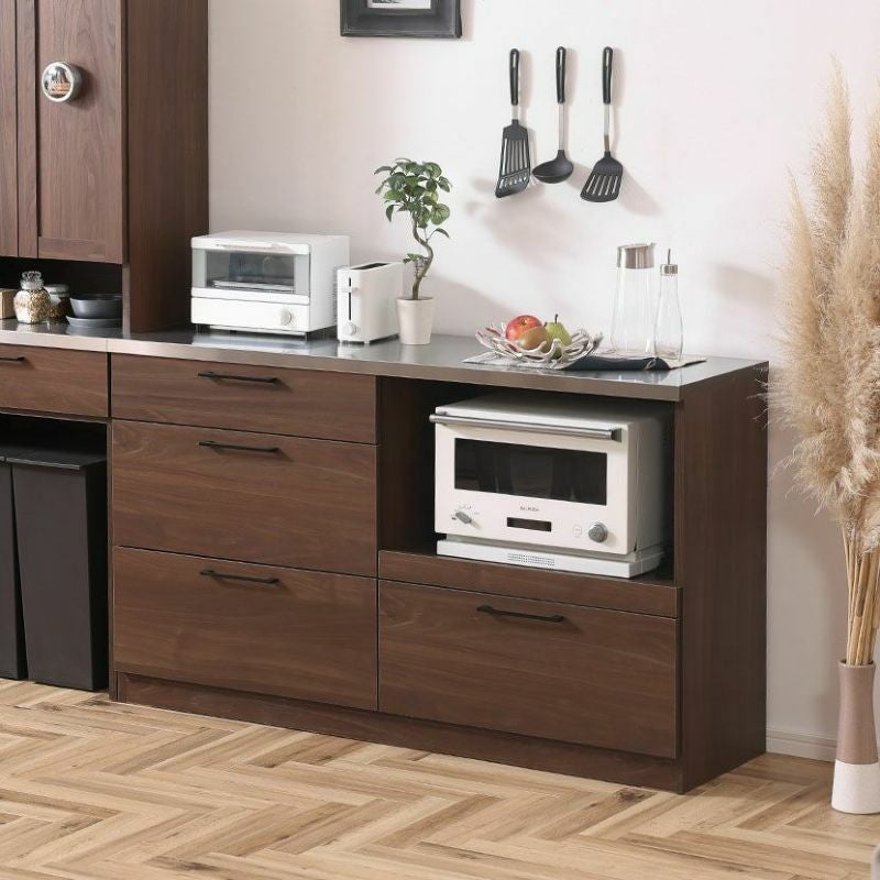 幅118cm 食器棚 引出し付き ガラス扉 2口コンセント 可動棚 家電収納