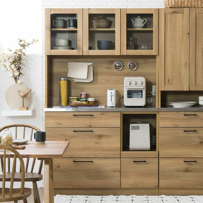 幅140.4cm 食器棚 日本製 木目調 ガラス扉 ステンレス天板 コンセント