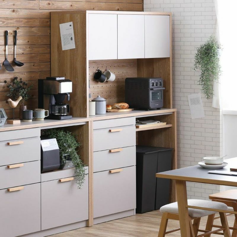 幅119.1cm 食器棚 日本製 引き出し付き スライドテーブル付き モイス