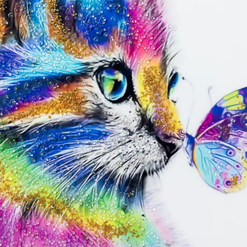 カラフルな猫と蝶の絵画 クリスタルアート 幅51cm クリスタルアート インテリア雑貨 ムギ 猫 動物 アートパネル