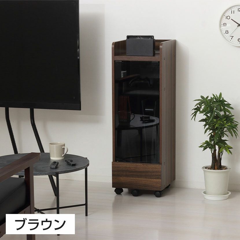 幅32cm 機器ラック キャスター付き 強化ガラス扉 引き出し付き 可動棚