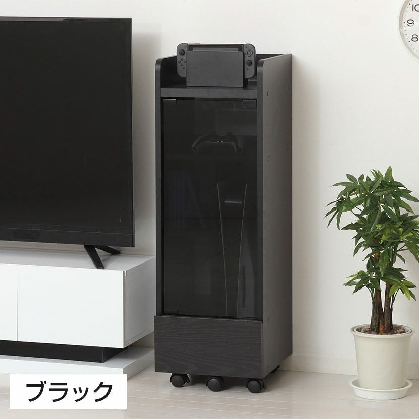 幅32cm 機器ラック キャスター付き 強化ガラス扉 引き出し付き 可動棚