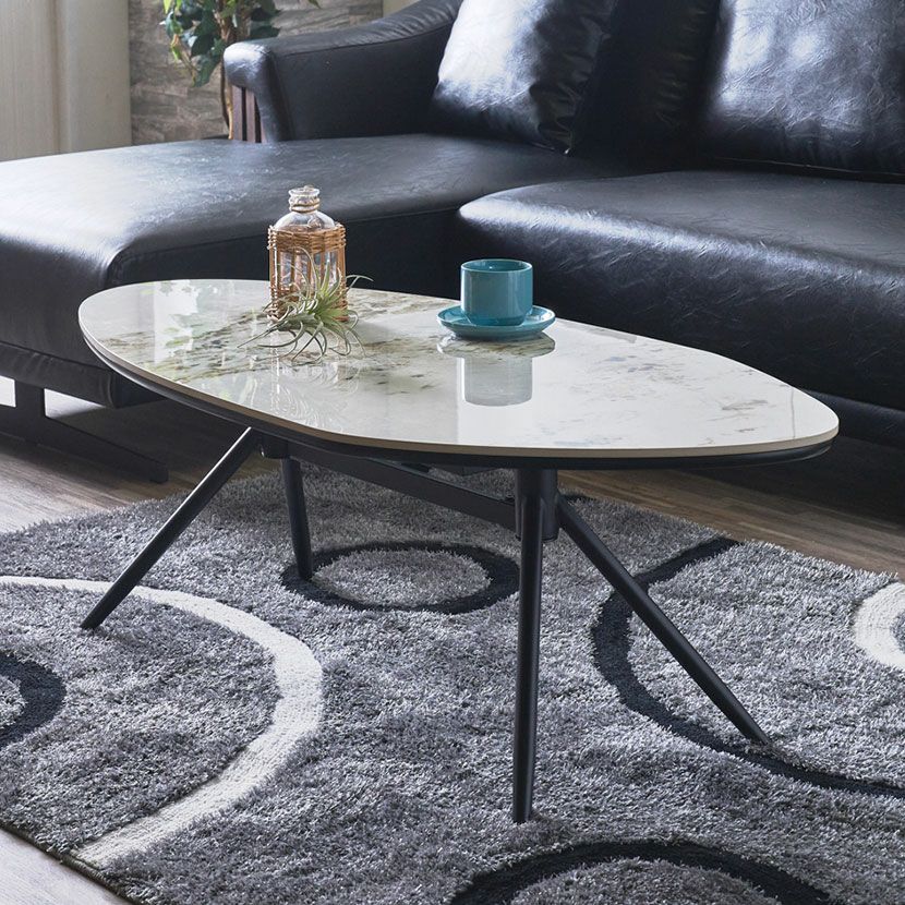 幅110cm リビングテーブル 大理石調 スチール脚 楕円形 センター