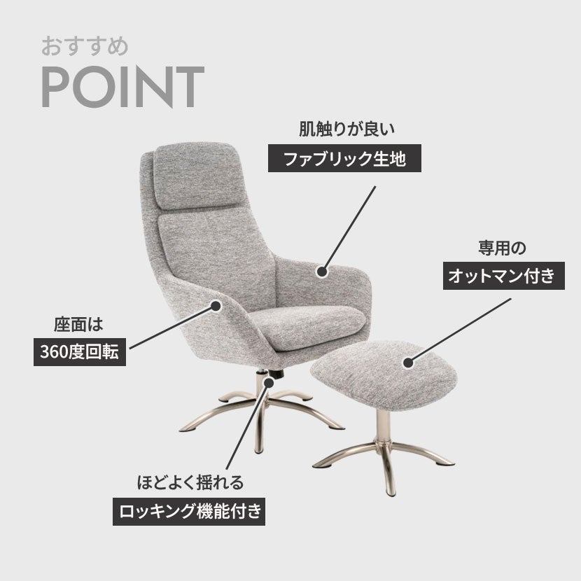 幅75cm リクライニングチェア 360度 回転 1人掛け ファブリック チェア