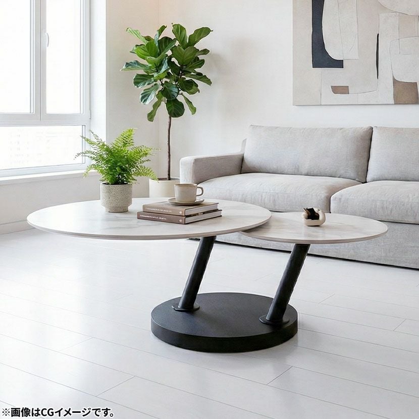 幅80～127cm リビングテーブル 大理石調 スチール脚 回転式 円形 丸型