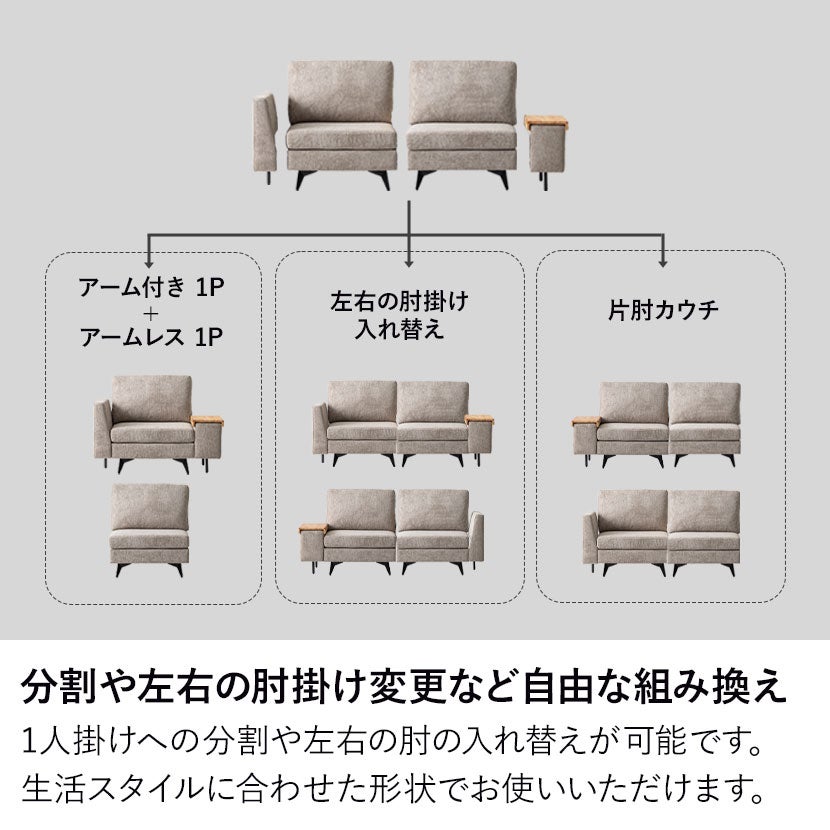 幅184cm 2.5人掛け ソファ 組み合わせ自由 MODULIA 肘掛けテーブル付き